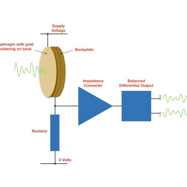 Conceptual diagram of a condenser microphone, including diaphragm/capsule, impedance converter and balanced differential output circuit.